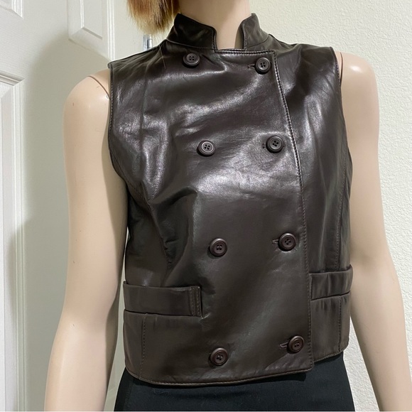 Vintage Ann Taylor Chocolate Brown Double Breasted 100% Leather Vest Petite S - Picture 3 of 13